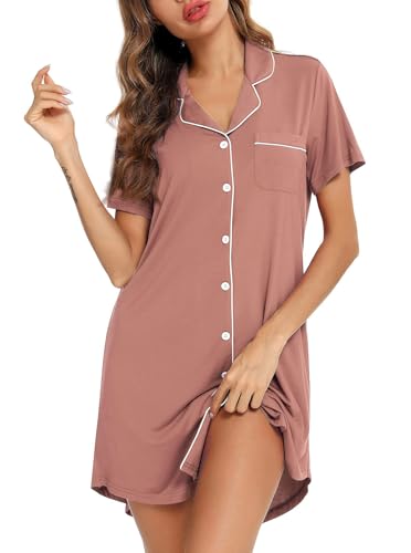 Image of Samring Pajama Nightgown for Women Short Sleeve Button Down Boyfriend Night Gown Nightdress Sleep Shirts