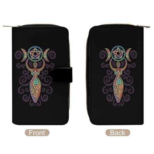 Wicca Wiccan Triple Moon Gaia Pattern Leather Wallets Large Capacity Zipper Pocket Card Holder with ID Window3