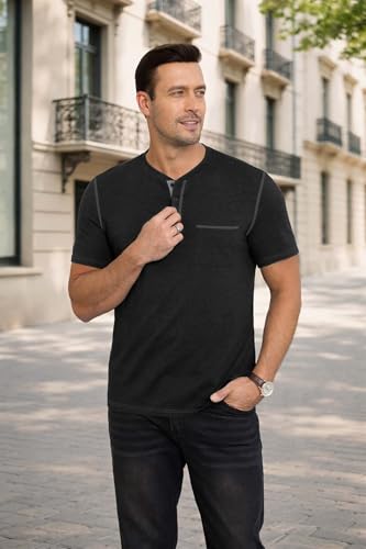 NITAGUT Mens Henley Shirts Short Sleeve Cotton Casual T-Shirts for Men Comfort Button Summer Tee with Pocket, Black, X-Large — view 4