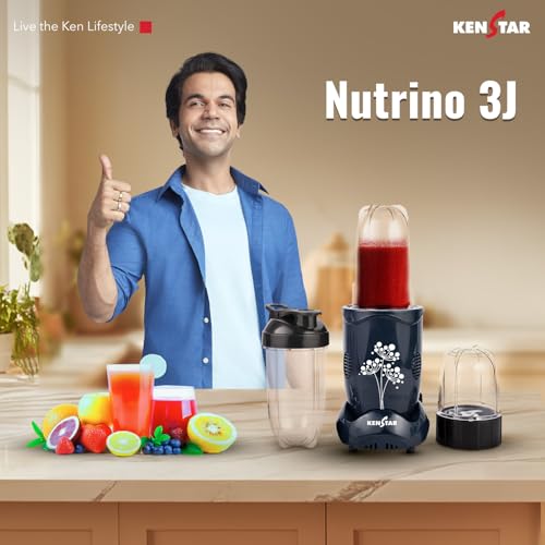 Image of Kenstar Nutrino Mixer Grinder Blender | 3 Jar 350W | High Power Motor Juicer | Blender and Mixer | Durable ABS Body | Blue & Black
