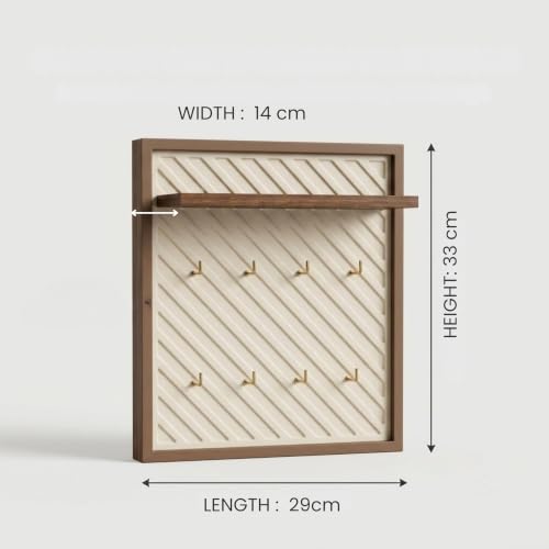 Image of Home Sparkle Wall Mounted Key Holder for Home Entrance with Shelf | Premium MDF Wood Organizer with Paint Finish | Modern Key Hanger Rack with 8 Hooks for Keys & Daily Essentials |Walnut & Ivory White