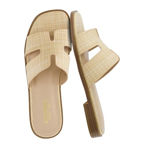Image of CUSHIONAIRE Voyage Cutout Strap Slides for Women, Slip On Summer Flats, Trendy Footwear, Memory Foam Vegan Leather Comfortable Vacation Style Sandals