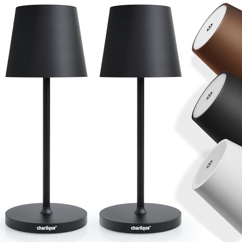 charlique LED Battery Table Lamps (Pack of 2, Black) - Dinner Light - Dimmable Table Lamp with USB, Rechargeable, Warm Light, Indoor & Outdoor - 28 cm High