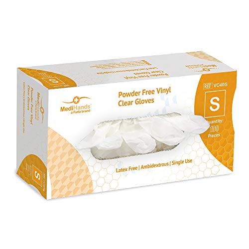 MediHands Clear Vinyl Powder Free Gloves | Food Safe | Disposable | Latex Free | Small - Pack of 100