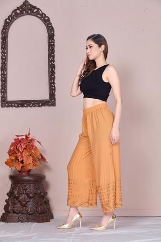 Image of VIVIKA Chikankari Palazzo Pants for Women |Rayon Wide Leg Ethnic Palazo with Embroidery | Comfortable Elastic Waist Women's Palazzo for Casual, Festive & Office Wear