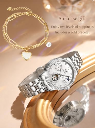 Image of OLEVS Women Watches Automatic Mechanical Set Casual Diamond Dress Ladies Self Winding Two Tone Wrist Watch Date