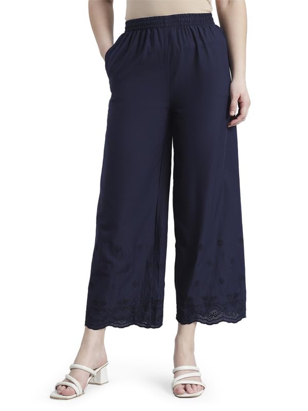 Image of GO COLORS Women Cotton Hakoba Wide Pant Ankle Length, Floral Embroidery, Relaxed Fit, Mid-Rise with Side Pocket