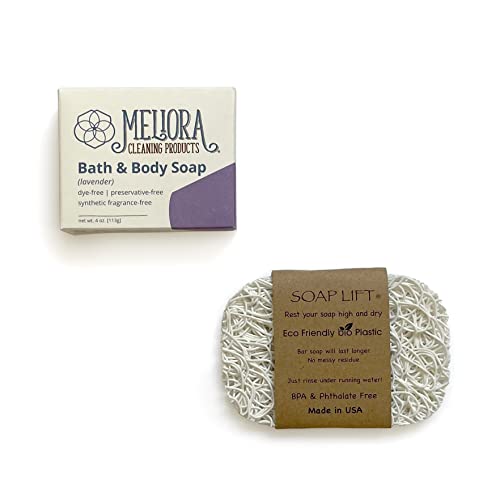 Mightynest Lavender Scented Meliora Bath & Body Soap | Soap Bar With Self Draining Soap Lift Soap Saver Bundle | Vegan, All Natural And Eco-Friendly | Two Piece Set #TOP3