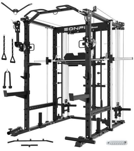 Image of Eonfit E5 Smith Machine with Leg Press for Home Gym | Functional Trainer Power Rack Power Cage With Pivot Arms Lat Cable Crossover Pulley System All In One For Garage Apartment