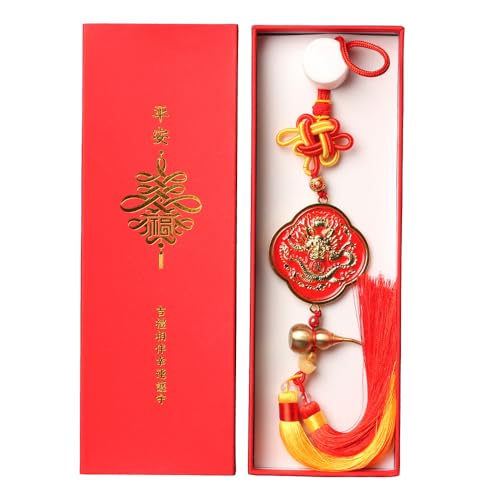 Feng Shui Decor Tai Sui Amulet 2024 Year of The Dragon, Copper Gourd + Gold Ingot + Tassels, Great for Good Luck Wealth Success Car Decoration, Lucky Gift