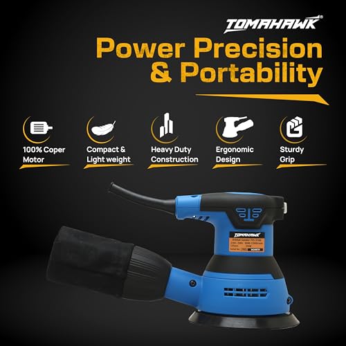 Image of TOMAHAWK TFS-3700 350W Random Orbital Sander 125mm (5 Inch) Sanding Pad | 6 Variable Speed (8000-12000 RPM) | Lightweight 1.5kg | 2m Power Cord | Wood, Metal & DIY Polishing Tool