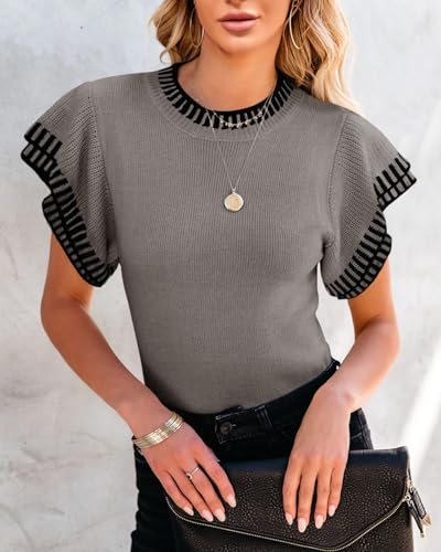 Image of Saodimallsu Womens Short Sleeve Sweater Summer Striped Top Soft Knit Shirts