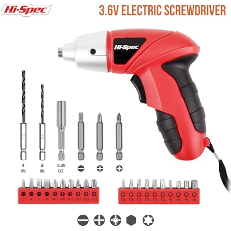 Hi-Spec Small Electric Screwdriver, Mini Drill Set, Rechargeable 3.6V Cordless Screwdriver with 26 Driver Bits, Power Tool for Small Projects & Home Use, Red