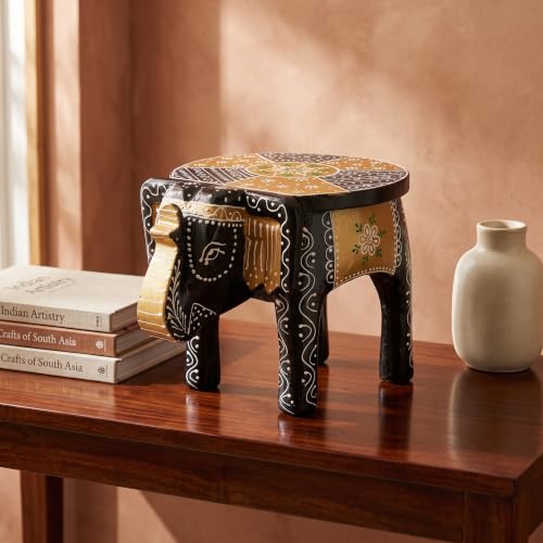 Image of JH Gallery Handcrafted & Hand-Painted Wooden Elephant Decorative Stool, Small Side Table for Living Room, Bedroom, Office & Home Decor, Multipurpose Accent Table (20 cm, 8 Inch)