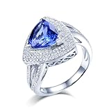 Weißgold Ring Hochzeit, Eheringe Frau Blau 3 Karat Tansanit Gebogene Billion Luxus Gr.50 (15.9) 18 Karat Weißgold