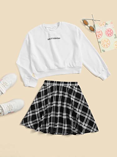Milumia Girl's Two Piece Outfits Crewneck Sweatshirt And Plaid A Line Short Skirt Sets Black And White 7 Years #TOP1