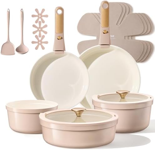 CAROTE 18 Pcs Ceramic Cookware Set Titanium Nonstick with Detacha...