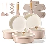 Upgrade to the new nonstick technology with a sleek Titanium-infused ceramic surface, incredibly durable and performs better than normal nonstick pans Optimal storage and easy stacking with the handles off saves 80% more space. The undercut design ma...