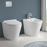 Coppia Sanitari Filomuro Serie Ukra WC E Bidet In Ceramica Bianco Tecnologia Rimless Per Igiene Totale Completi Di Copriwc Soft-Close