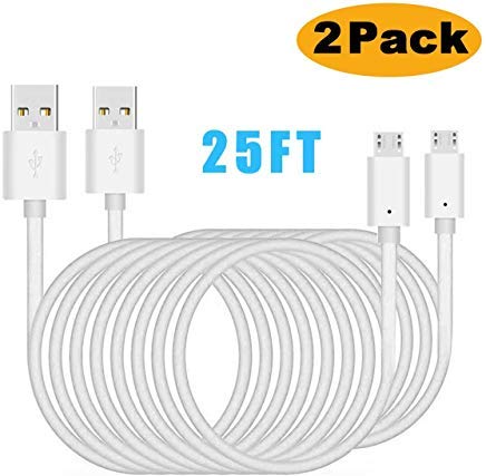 Brada 2Pack 25ft Micro USB Power Cord,Micro USB to USB Charging Cable,DC Power Adapter USB Extension Cable,Extension Power Cable for CCTV Security Camera,Indoor Wireless IP Camera,Standalone DVR