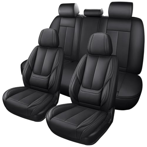 Image of MINGBRON Black Car Seat Cover with Lumbar Support, Car Seat Protector Waterproof, Nappa Leather Car Seat Cushion, Car Seat Covers Front Seats and Back Fit for Most Cars