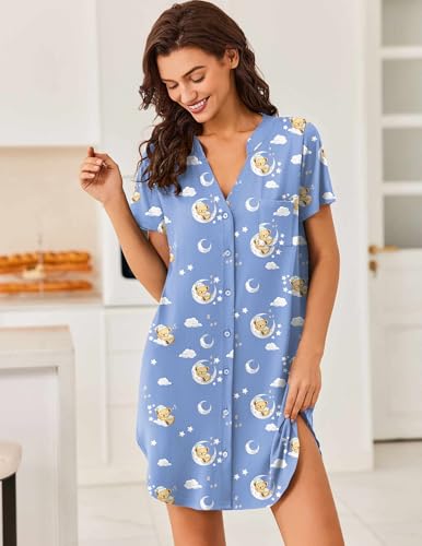 Image of Ekouaer Women V Neck Button Down Nightgown