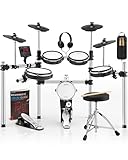 AKLOT Electric Drum Set with Kick-Tower: 4 Dual Zone Mesh Pads, 8’’ Tower-Style Kick Drum, 10’’ Snare, Dual Zone 10’’ Cymbals with Choke, 360 Sounds, User Kit, USB-MIDI, Throne, B-CORE 540 Air, Silver
