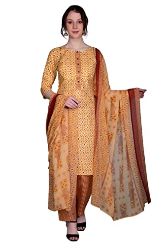 Image of DHRUVI TRENDZ Cotton Kurta Set With Dupatta For Women | Kurta Set For Women | Festive Kurta Set For Women | Regular Fit Kurta