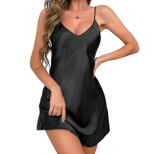 Aomig Camisón Sexy Satén para Mujer, Camisón para Vestidos con Cuello en V, Camison Tirantes Raso con Correas Ajustables, Pijama Corto Verano, L