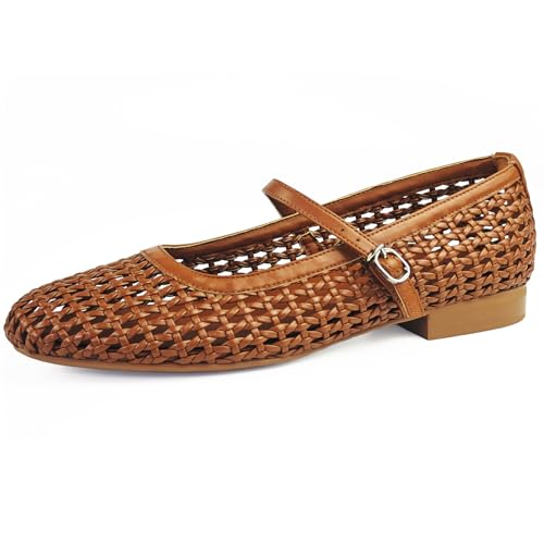 Hand Woven Mesh Flats for Women Ballet Mary Jane Flats Summer Ballet Buckle Strap Ballerina Flat Shoes, Ultra Soft, Arch Support, Office Casual Dressy, Mesh Shoes for Women Brown