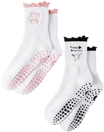 Yawlsow Pilates Socken für Damen und Mädchen Rüschen Grip Yoga Lange Griffsocken Rutschfeste Baumwolle Crew Reformer Stoppersocken für Zuhause Tanz Trampolin Ballett Fitness Krankenhaus