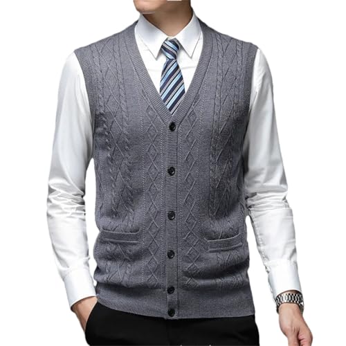 Men’S Solid Thick Knitted Sweater Vest Casual Slim Fit Collarless Sleeveless Button Down Waistcoat