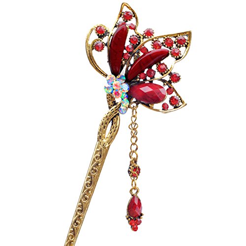 YOY Fashion Long Hair Decor Chinese Traditional Style Women Girls Hair Stick Hairpin Hair Making Accessory with Butterfly,Red - Thumbnail 3