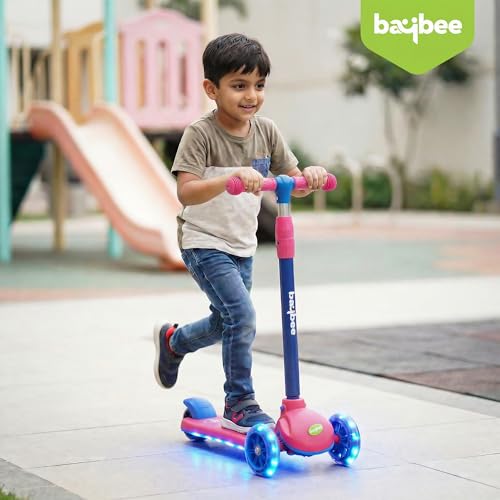 Image of Baybee Rydon Kids Scooter with 3 Height Adjustments | Portable Kick Scooter with PU LED Lights & Rear Brake | 3 Wheel Skating Scooter | Runner Scooter for Kids 2 to 10 Years Boys Girls (Pink)