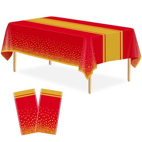 Image of 2 Pack Red and Gold Tablecloth Party Decorations Plastic Red Tablecloth Printed Gold Table Runner 54 x108 Inch Disposable Rectangle Table Cover for Birthday Wedding Graduation Anniversary