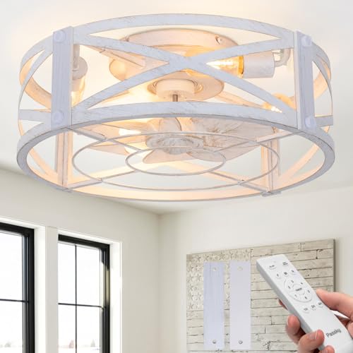 Image of Passky 20 inch Farmhouse Flush Mount Ceiling Fans with Lights and Remote, Industrial White Caged Low Profile Fandelier, 6 Speeds Bladeless Ceiling Fan for Bedroom, Kitchen, Living Room