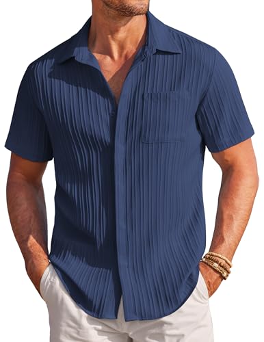 COOFANDY Camisa de Manga Corta para Hombre con Textura Camisa de Playa Casual de Verano con Bolsillo Azul Marino S