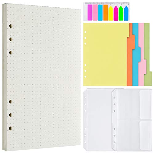 Dotted Refill Paper, 160 Dot Grid Pages, 5 Colored Binder Dividers, 160 PCS Sticky Index Tabs with Ruler, 2 PCS Binder Pockets for A6 Refillable Journal Notebook Planner Organizer