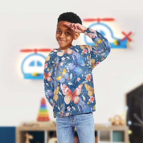 JUNZAN Watercolor Butterflies and Flowers Blue Big Boys Pullover Hoodie Crewneck Fall Tops Shirts Sports 4T4