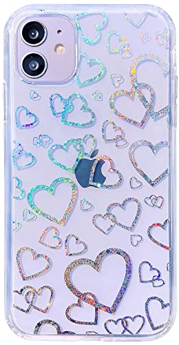 LSEEKA Compatible with iPhone 11 Clear Case with Love Heart Laser Glitter Holographic Design,Sparkly Bling Cute Hard PC & Soft TPU Bumper Shockproof Protective Phone Cover for Women Girls(iPhone 11)