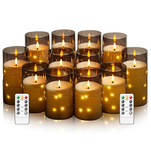Image of kakoya Flameless LED Candles with Timer 12 Pc Flickering Flameless Candles for Romantic Ambiance and Home Decoration Stable Acrylic Shell,with Embedded Star String,Battery Operated Candles(Grey)