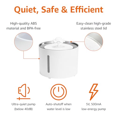 Image of Amazon Basics Large Capacity Pet Water Fountain with Stainless Steel Top, Ultra Quiet, Easy to Clean, BPA Free, 3L, White, 3 Filters Included (White, 3 LTR)