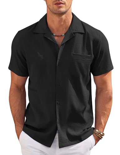 COOFANDY Herren Kurzarm Hemd Regular Fit Männer Hemden Slub Shirt Freizeithemd Kuban Kragen Sommerhemd Hawaiihemd mit Brusttasche Schwarz M