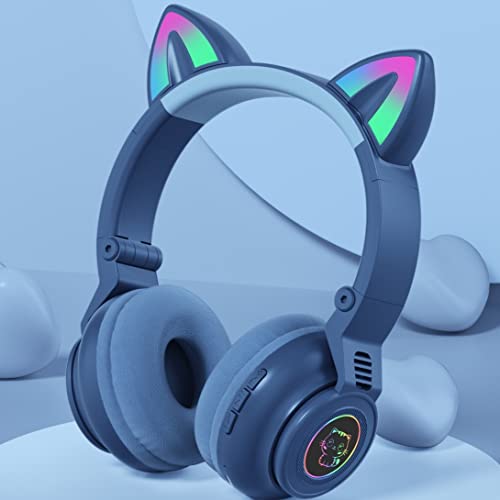 Headset Cat Ears Bluetooth Earphone Wireless Gaming Noise Cancelling 8 Hours with Mic USB Virtual Reality Detachable Cute Luminous Mouse Ear Rainbow RGB Flashing Light On-Ear Headphone (Blue) 