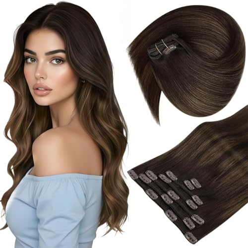 Sunny Hair Clip in Hair Extensions Real Human Hair 105g Remy Hair Clip in Extensions for Women Human Hair Extensions Dark Brown Balayage Light Brown 14 Inch