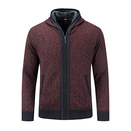 Sliktaa Homme Veste en Tricot à Capuche Pull Cardigan avec Fermeture Eclair Hoodie Sweater Zipper pour l'hiver,Rouge,XL Cover