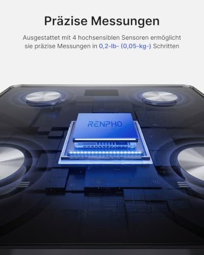 RENPHO Personenwaage Körperfettwaage, Waage Personen mit App 180 kg/400 lbs, Körperwaage Digital Bluetooth Körperanalysewaage für Körperfett, BMI, Muskelmasse, Protein, BMR, Schwarz,Elis 1
