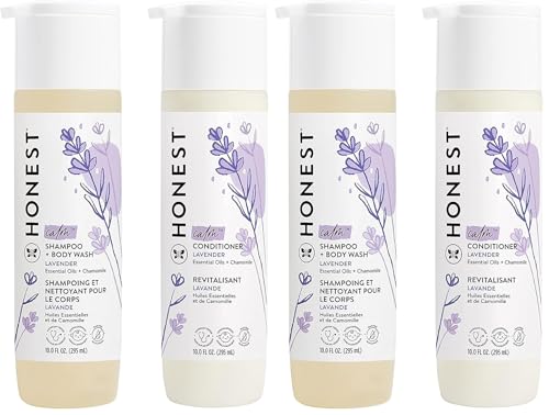 Image of The Honest Company Baby Shampoo, Body Wash & Conditioner Duo, 2-in-1 Cleansing, Silicone-Free, Naturally Derived, Lavender Calm Scent, 10 fl oz (Pack of 4)