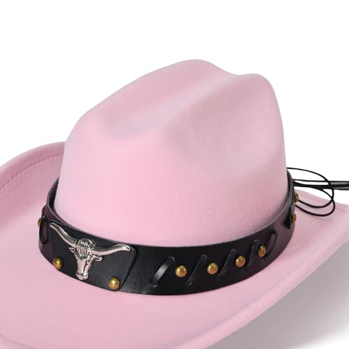 Image of Willheoy Kids Cowboy Hat for Girls Boys Western Cowgirl Hat with Buckle Belt Unisex Wide Brim Fedora Hat Dress Up Costume