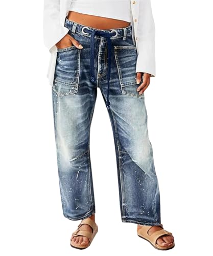 Women's Trendy Mid Rise Baggy Boyfriend Jeans Distressed Drawstring Waist